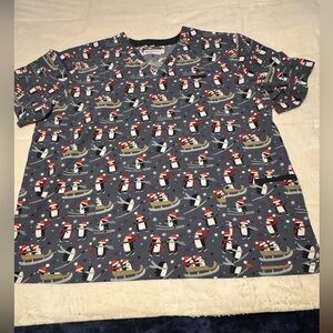 Christmas themed Penguins White Cross Scrub Top Nursing XXL